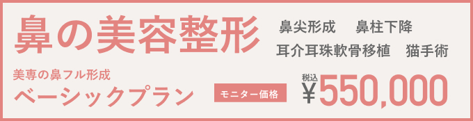 鼻の美容整形 ・鼻尖形成・鼻柱下降・耳珠軟骨移植・猫手術 美専の鼻フル形成 ベーシックプラン モニター価格 税込 ¥550,000